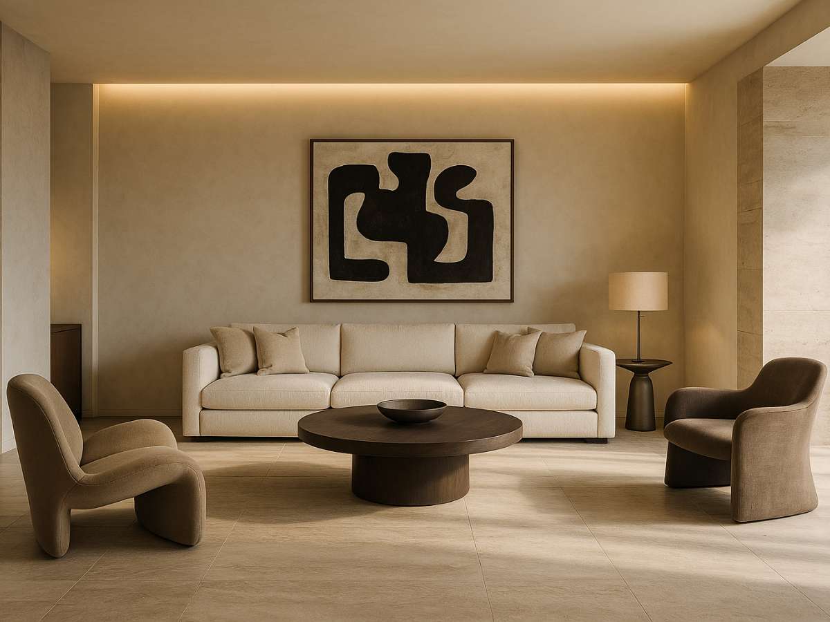Ejemplo de arquitectura de interiores en un salón moderno con diseño elegante, líneas limpias y luz natural que destaca materiales nobles y detalles de alta gama.