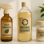 Productos de limpieza biodegradables con envases reutilizables sobre una superficie limpia y natural