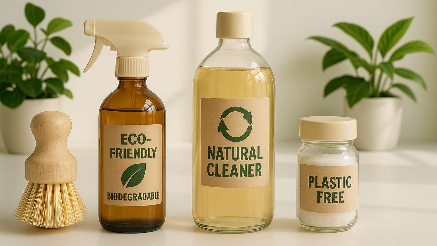 Productos de limpieza biodegradables con envases reutilizables sobre una superficie limpia y natural