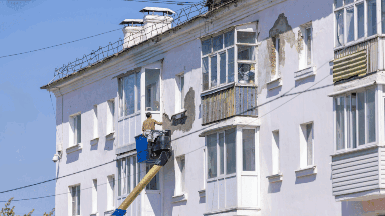 Trabajadores realizando mantenimiento de edificios en una fachada urbana