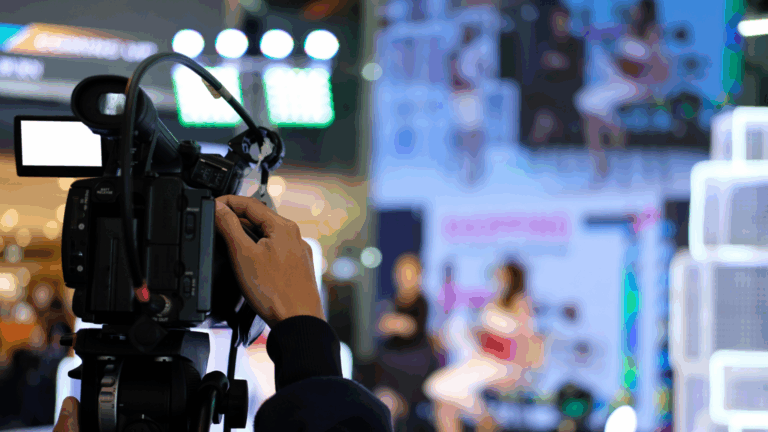 Equipo de producción audiovisual profesional captando momentos clave en evento de empresa.