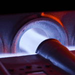 Vista lateral de quemadores de biomasa funcionando con pellets en entorno industrial