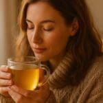 Mujer disfrutando una infusión natural reconfortante en otoño para fortalecer defensas