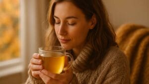 Mujer disfrutando una infusión natural reconfortante en otoño para fortalecer defensas