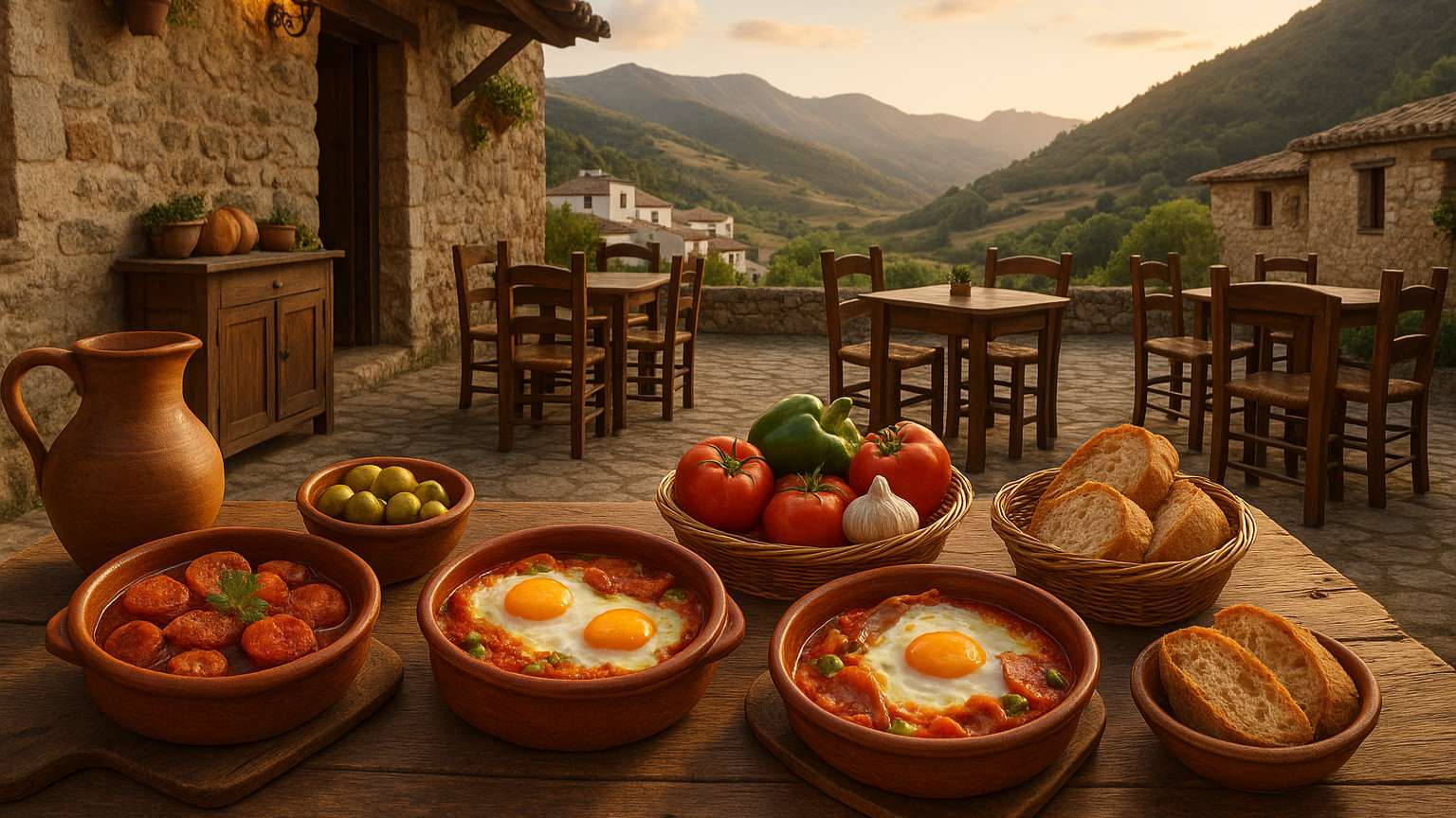 restaurante en pueblo con cocina local y productos frescos en un entorno rural de España