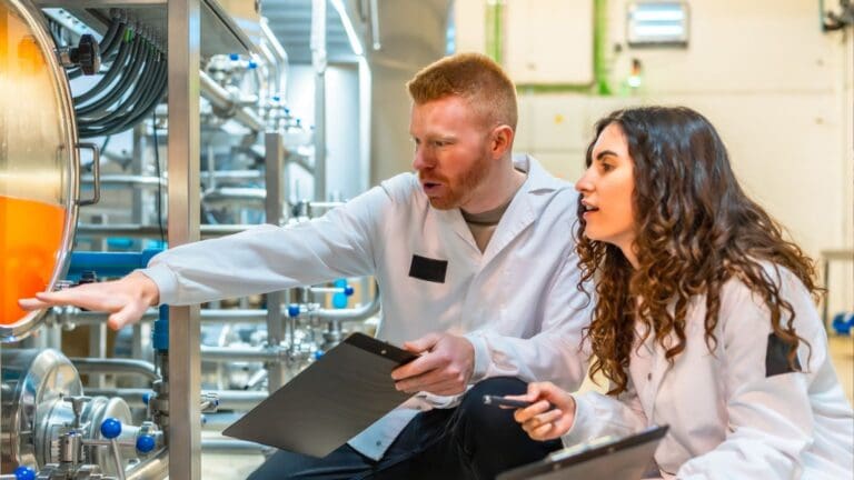 Técnico realizando inspección de calidad en línea de producción industrial