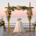 Decoración floral bodas con arco y flores naturales en ceremonia exterior