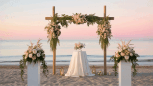 Decoración floral bodas con arco y flores naturales en ceremonia exterior