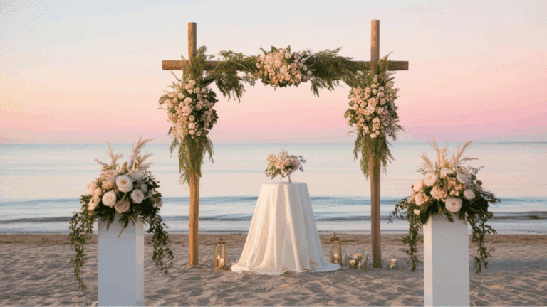 Decoración floral bodas con arco y flores naturales en ceremonia exterior