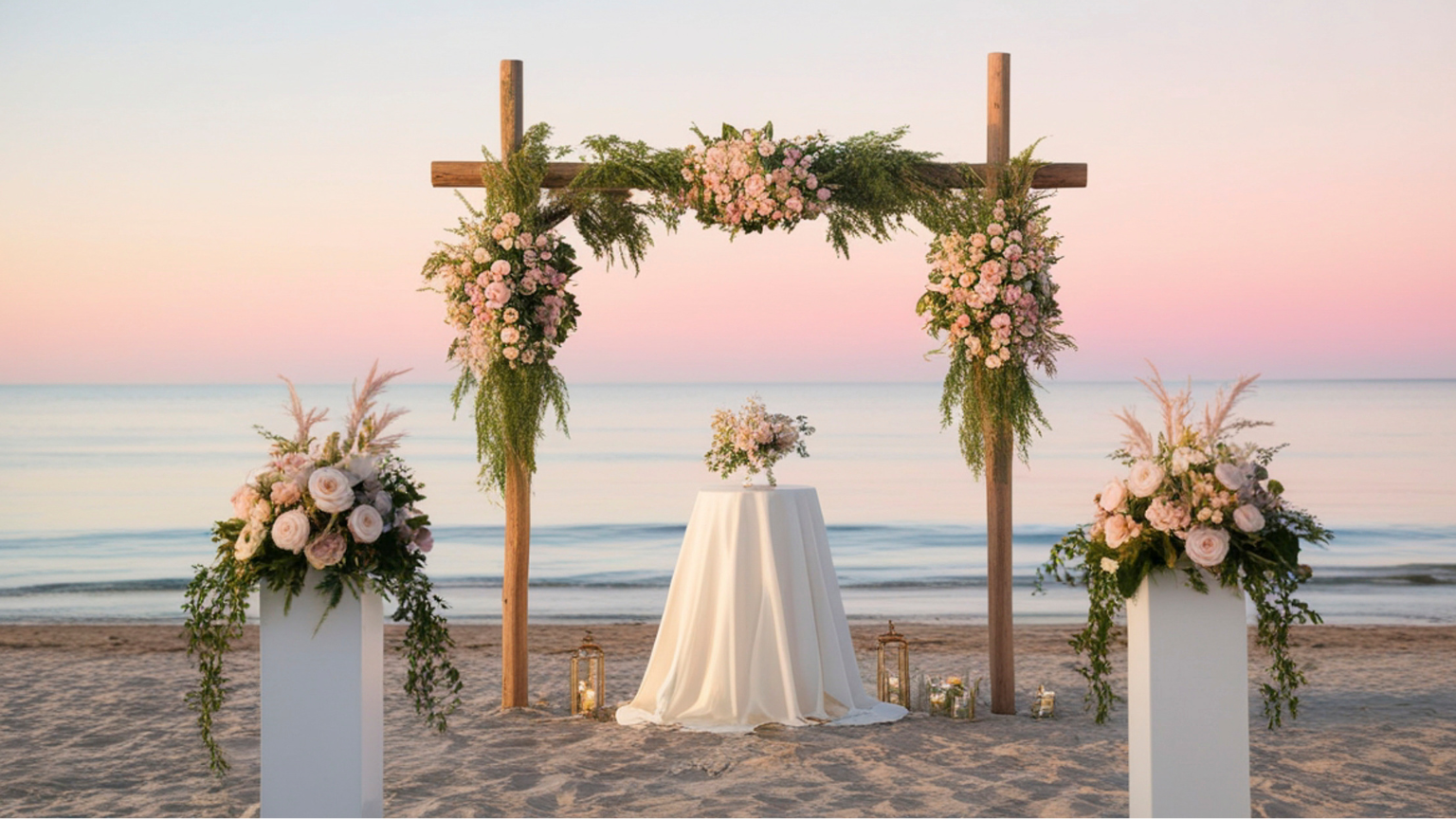 Decoración floral bodas con arco y flores naturales en ceremonia exterior