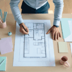 Mesa con planos y materiales usados en servicios de arquitectura.