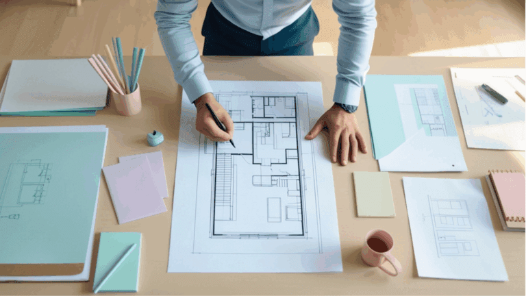 Mesa con planos y materiales usados en servicios de arquitectura.