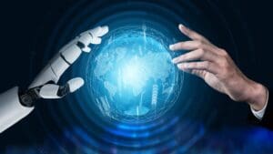 Plataforma digital con inteligencia artificial optimizando procesos de gestión en una empresa moderna