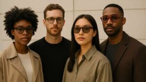 Personas con gafas modernas paseando por la ciudad con estilo urbano