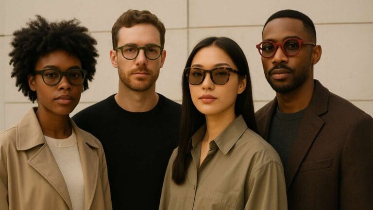 Personas con gafas modernas paseando por la ciudad con estilo urbano