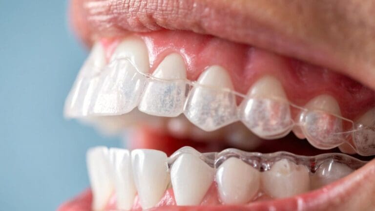 Paciente adulto mostrando sonrisa tras tratamiento con ortodoncia invisible en clínica dental especializada en estética dental