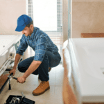 Técnico ajustando fontanería en baño durante reforma