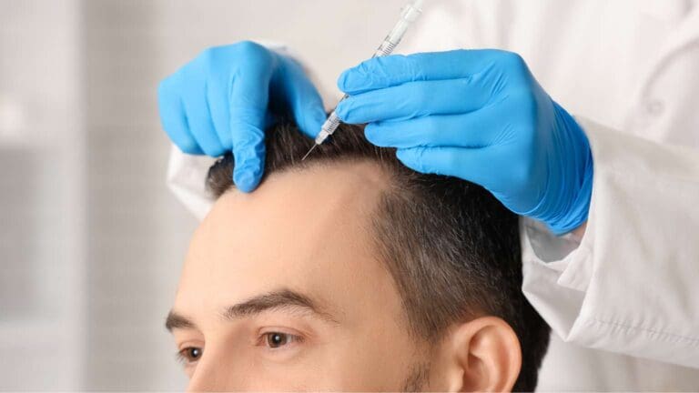 Hombre sometiéndose a un procedimiento de cirugía capilar en clínica especializada.