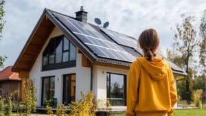 Vivienda moderna rehabilitada con soluciones energéticas sostenibles como aislamiento térmico y paneles solares, símbolo de eficiencia y ahorro energético.