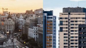 Vista comparativa de zonas residenciales y el centro urbano de Madrid para comprar vivienda en 2026