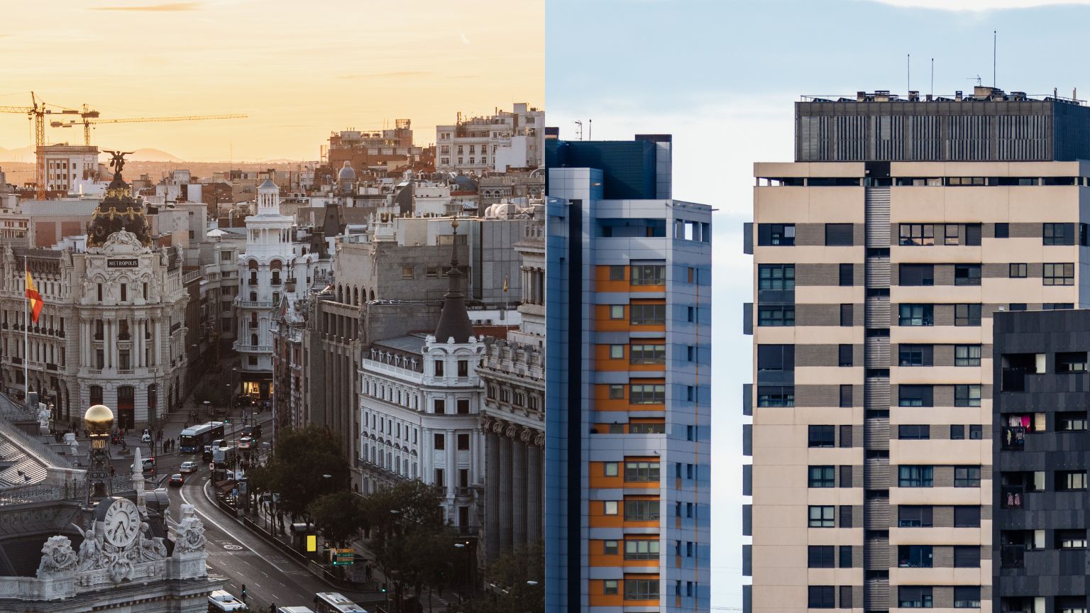 Vista comparativa de zonas residenciales y el centro urbano de Madrid para comprar vivienda en 2026