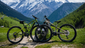 Bicicletas de montaña eléctricas con fondo de paisaje alpino