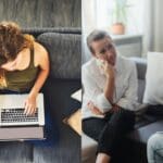 Persona recibiendo apoyo psicológico en consulta y otra conectada desde casa en terapia online