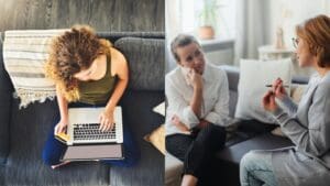 Persona recibiendo apoyo psicológico en consulta y otra conectada desde casa en terapia online