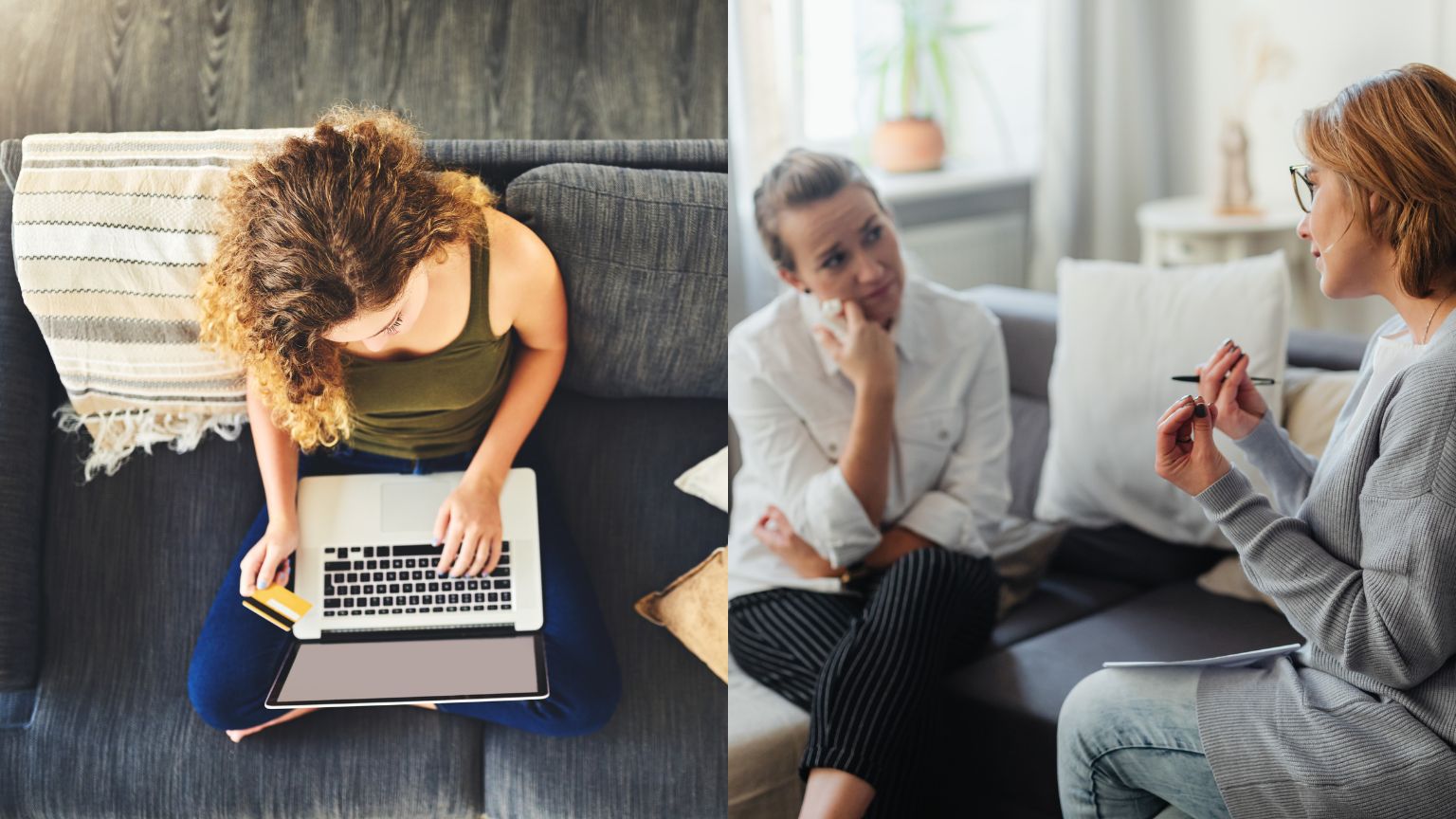 Persona recibiendo apoyo psicológico en consulta y otra conectada desde casa en terapia online