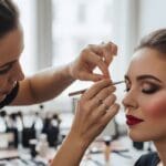 Mujer preparándose con maquillaje profesional para evento de noche elegante.