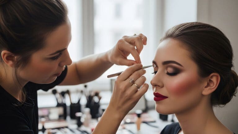 Mujer preparándose con maquillaje profesional para evento de noche elegante.