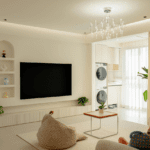 Salón moderno con diseño minimalista y luz natural decorado por un estudio de diseño de interiores con estilo funcional y contemporáneo.