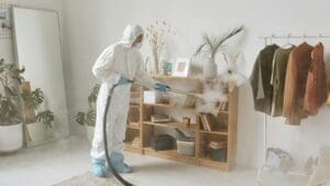 Técnico aplicando tratamiento para eliminar plagas comunes en un hogar