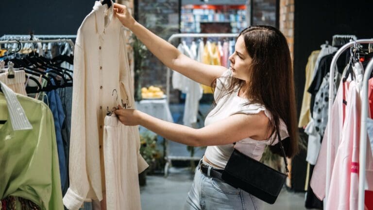 Mujer evaluando prenda de ropa sostenible en tienda de moda ética