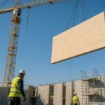Montaje de panel modular prefabricado en obra con estructura metálica y grúa