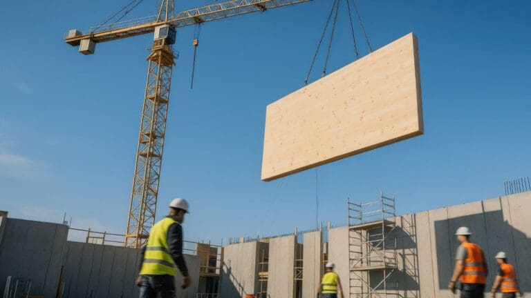 Montaje de panel modular prefabricado en obra con estructura metálica y grúa