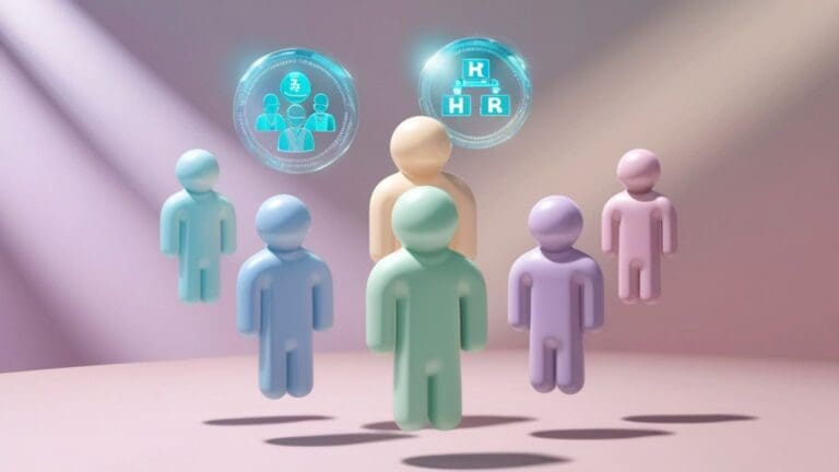 Ilustración conceptual de equipo de recursos humanos gestionando la movilidad internacional de empleados con soporte digital y enfoque organizativo