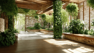 Diseño biofílico aplicado a un hogar con madera, luz suave y vegetación.