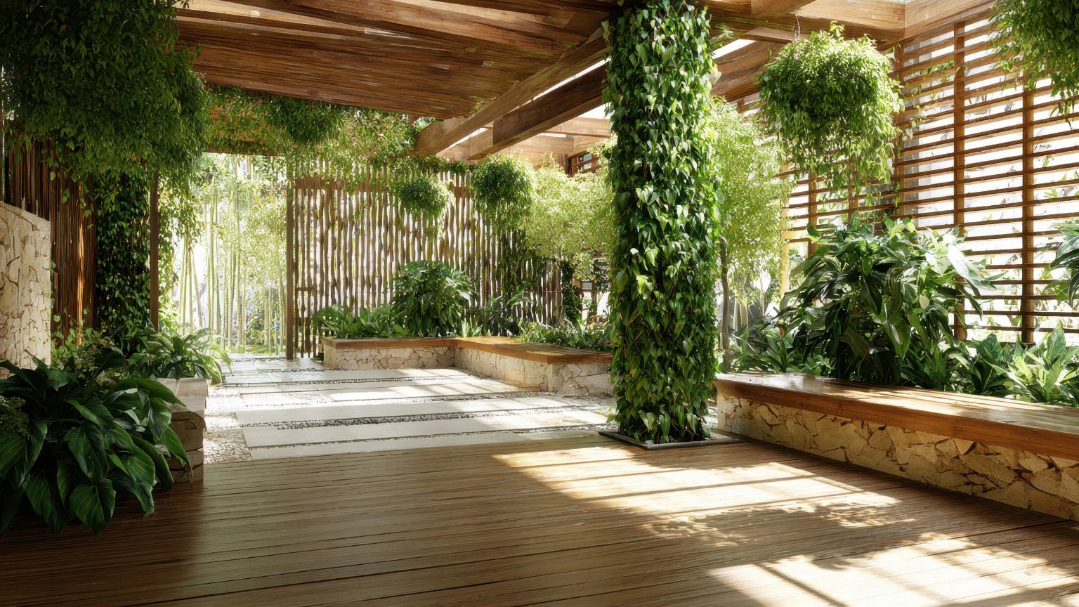 Diseño biofílico aplicado a un hogar con madera, luz suave y vegetación.