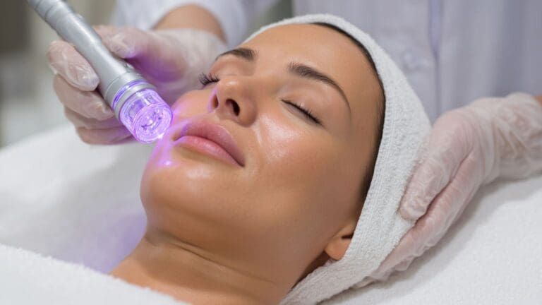 Mujer relajada recibiendo limpieza facial profesional en centro de estética, con piel luminosa y ambiente de bienestar.