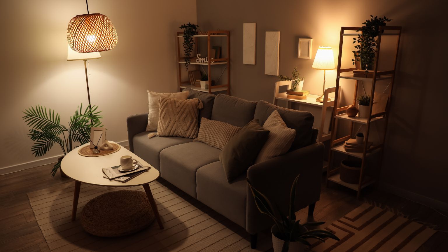 Decoración moderna e iluminación led en un salón pequeño bien aprovechado