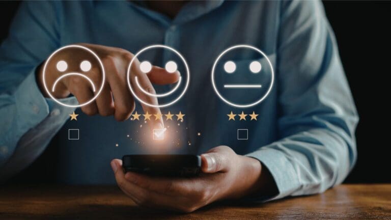 Persona completando una encuesta online con gráficos de datos generados por inteligencia artificial