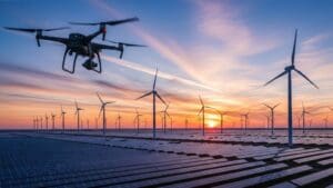 Drone realizando inspección aérea y topografía en zona industrial en España