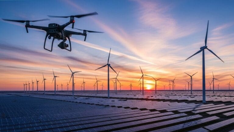 Drone realizando inspección aérea y topografía en zona industrial en España