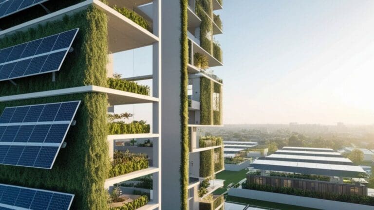 Edificio de arquitectura bioclimática rodeado de vegetación urbana, representando sostenibilidad y diseño moderno