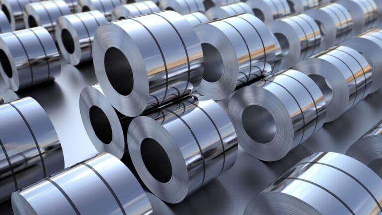 Proceso de troquelado industrial de láminas metálicas en acero inoxidable y aluminio.