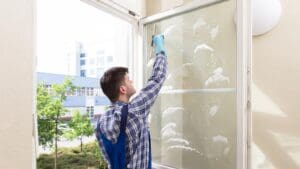 Hombre realizando limpieza profesional de cristales en ventana exterior con herramientas especializadas.