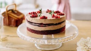pastelería para eventos con tarta artesanal de chocolate y frutos rojos sobre soporte de cristal
