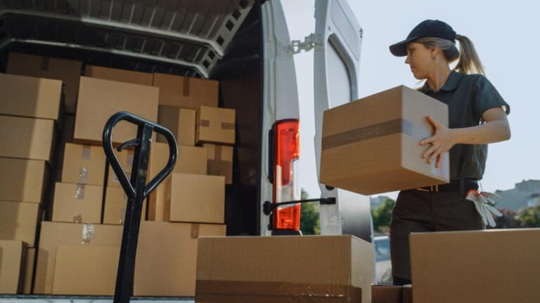 Empresa de logística integral gestionando transporte de mercancías con carga de paquetes en furgoneta de reparto