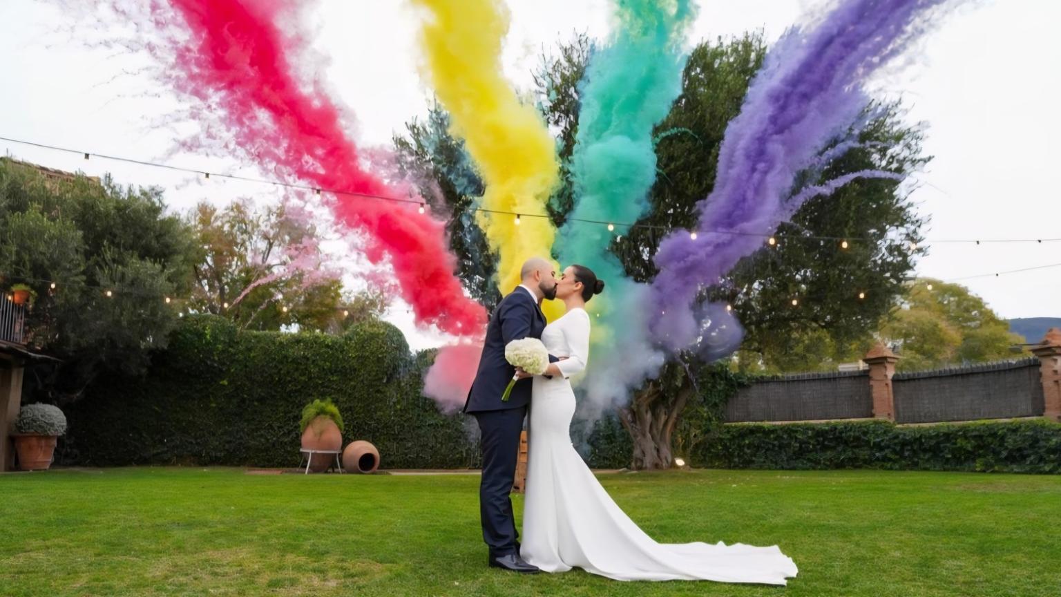 Agencia de eventos barcelona coordinando boda personalizada con efectos de humo de colores en jardín al aire libre